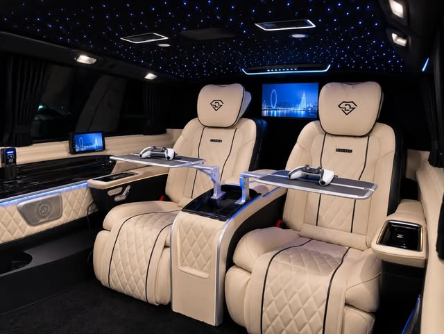 Cream leather seating inside the Layana Mercedes V-Class cabin