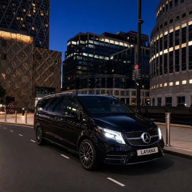Front view of the Layana Mercedes V-Class at night